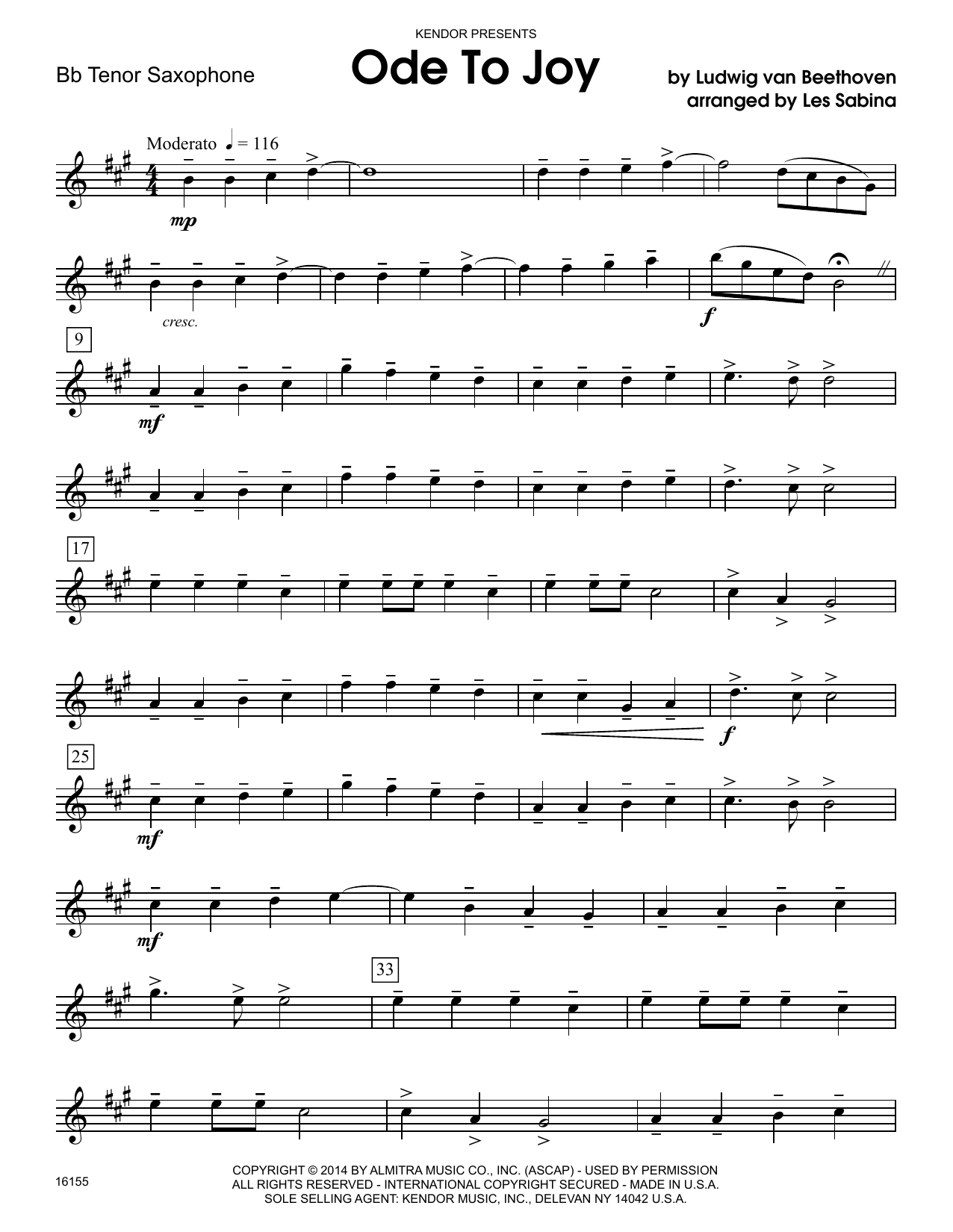 Download Les Sabina Ode To Joy - Bb Tenor Saxophone Sheet Music
