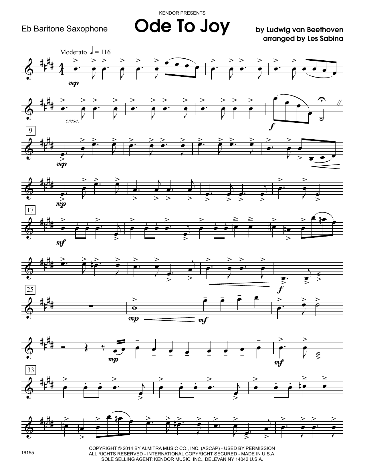 Download Les Sabina Ode To Joy - Eb Baritone Saxophone Sheet Music