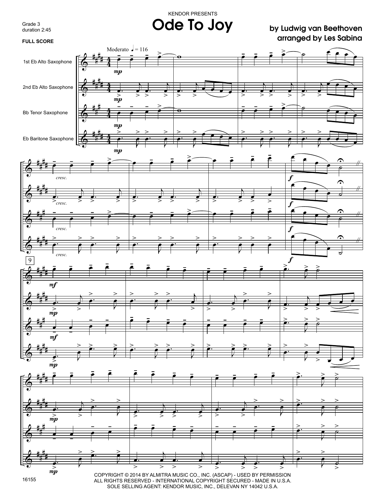 Download Les Sabina Ode To Joy - Full Score Sheet Music