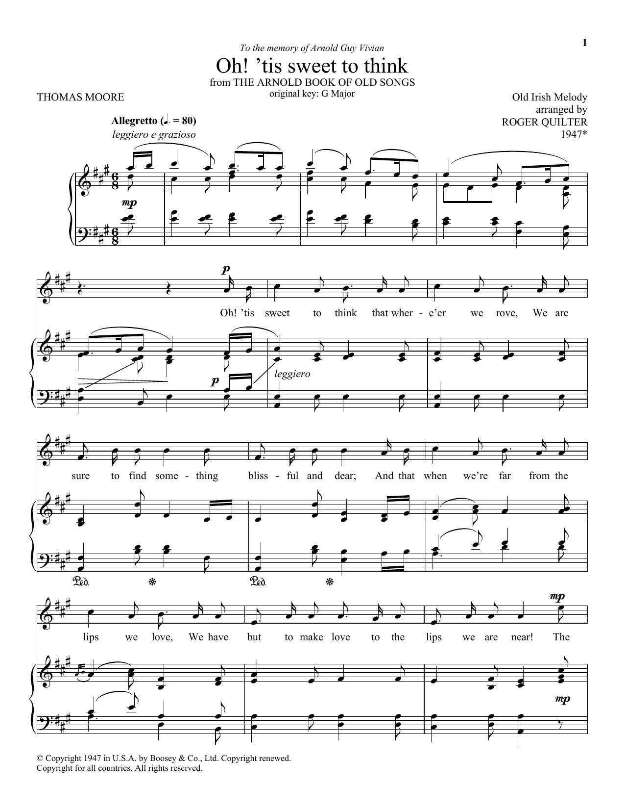 Download Roger Quilter Oh! 'Tis Sweet To Think Sheet Music