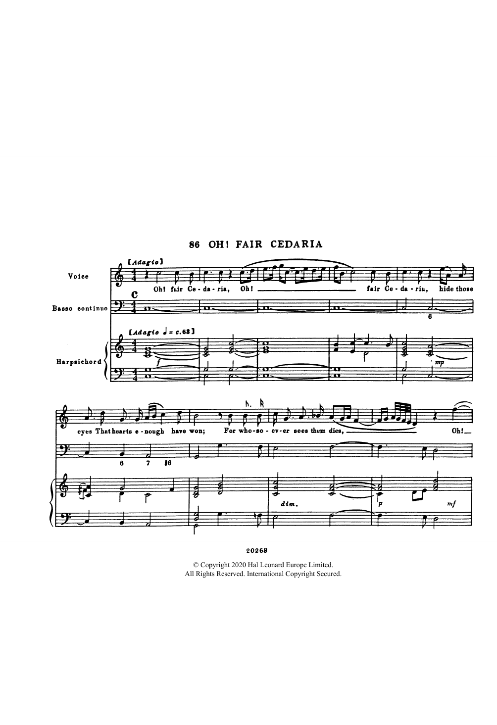 Download Henry Purcell Oh! Fair Cedaria (for Voice, Bass Conti Sheet Music