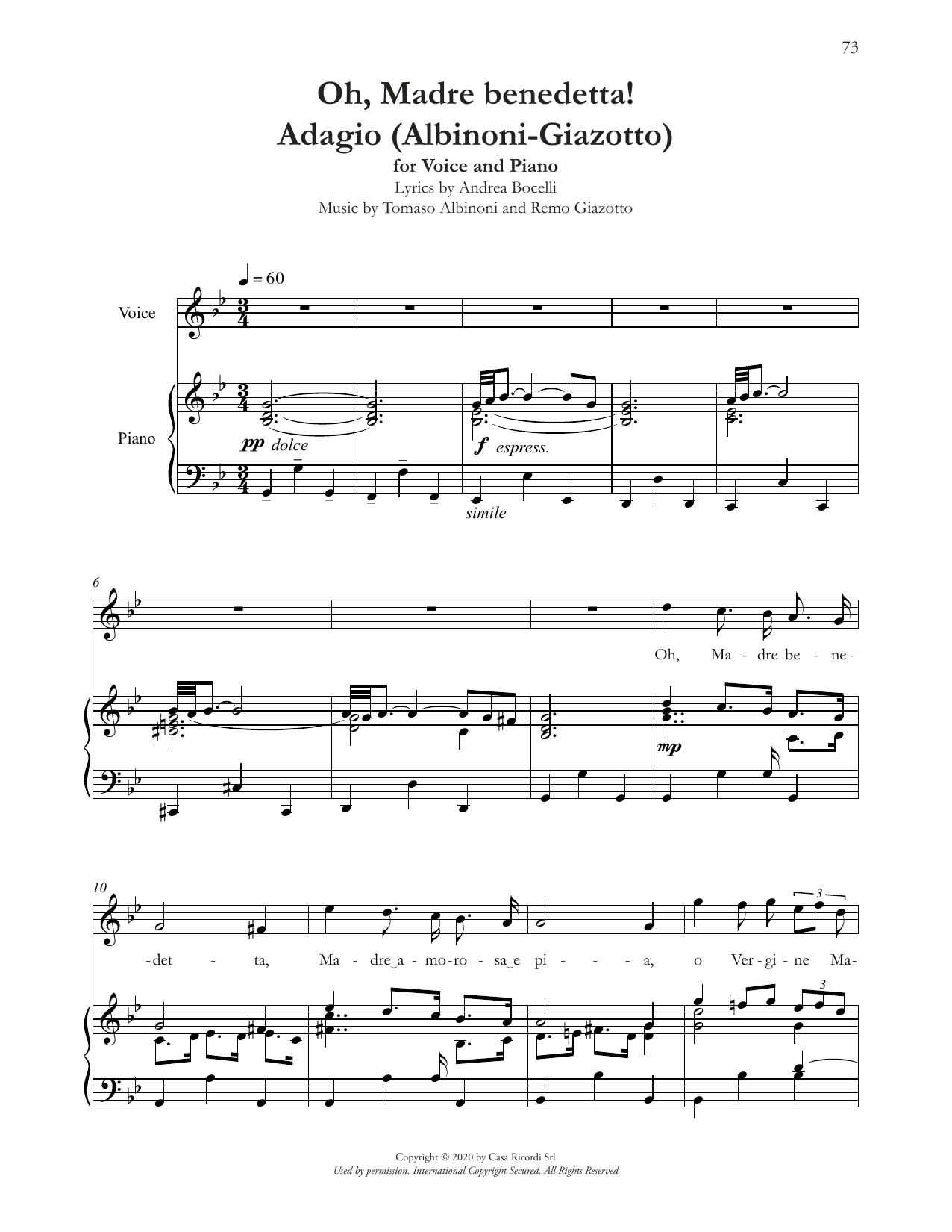 Download Andrea Bocelli Oh, Madre Benedetta! (Adagio Di Albinon Sheet Music