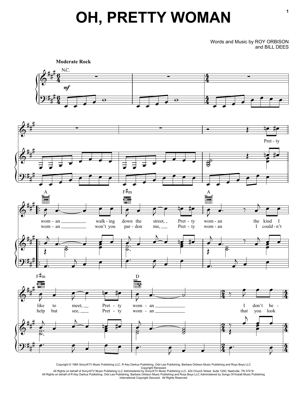 Roy Orbison Oh, Pretty Woman sheet music notes printable PDF score