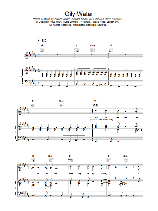Blur Oily Water sheet music notes printable PDF score