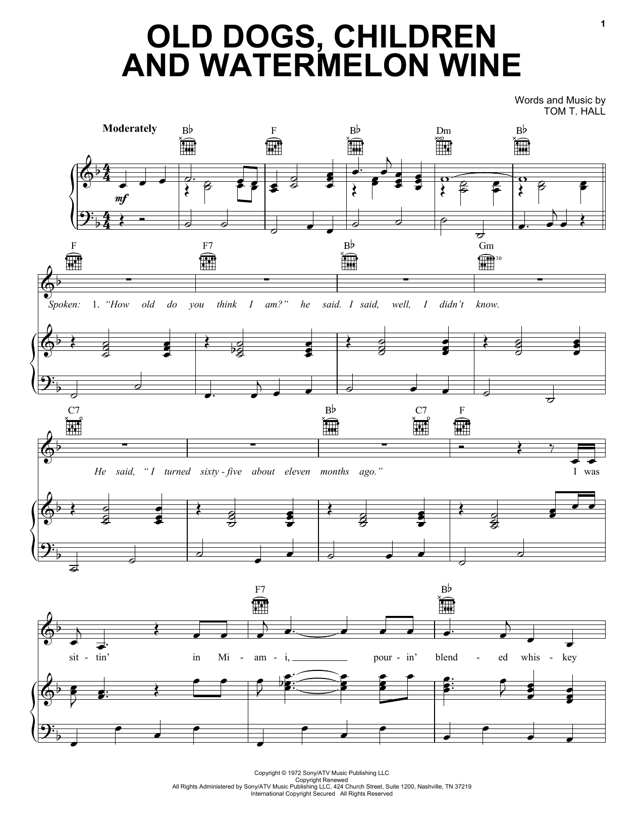 Download Tom T. Hall Old Dogs, Children And Watermelon Wine Sheet Music