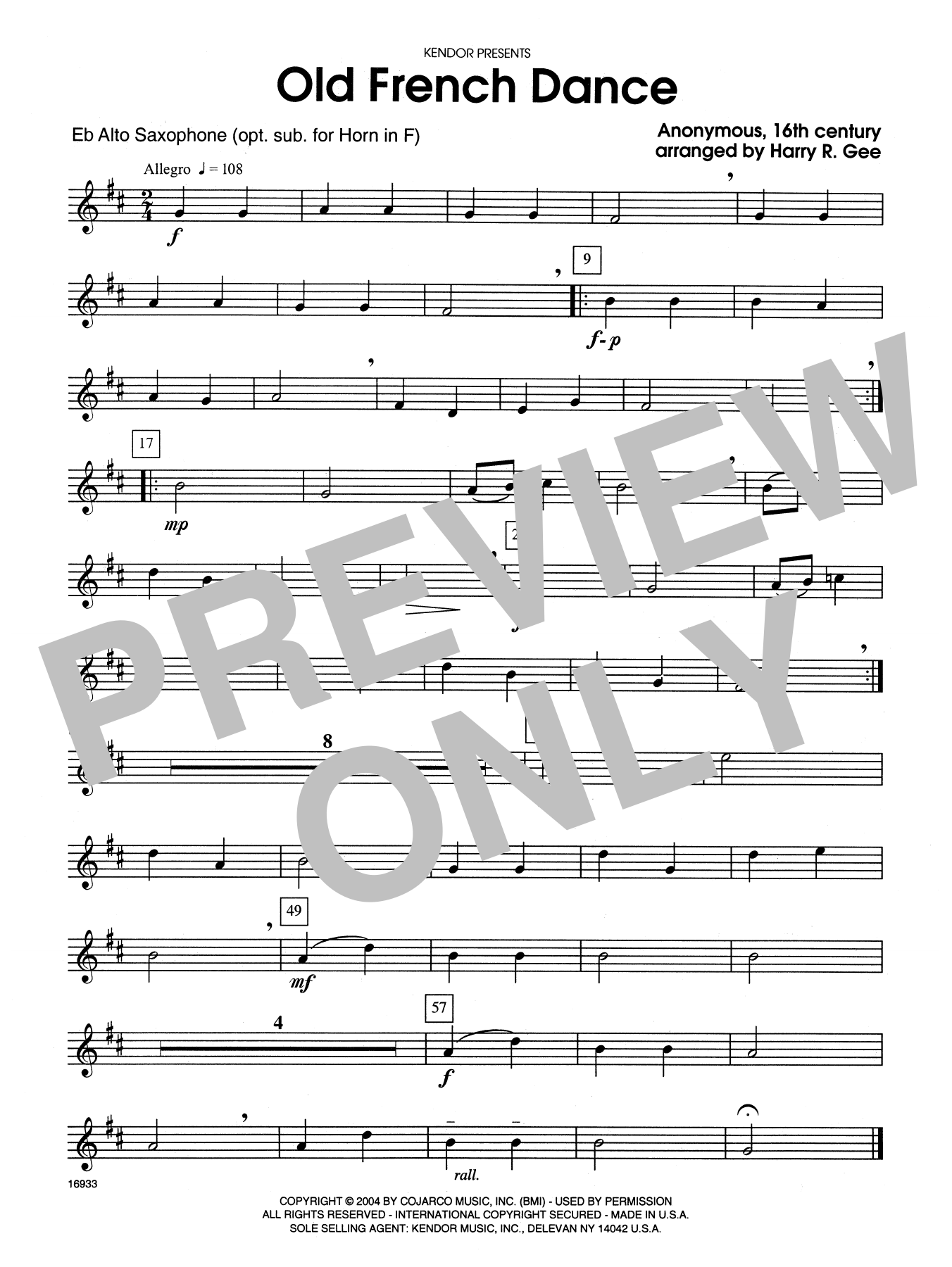 Download Harry R. Gee Old French Dance - Opt. Alto Sax Sheet Music