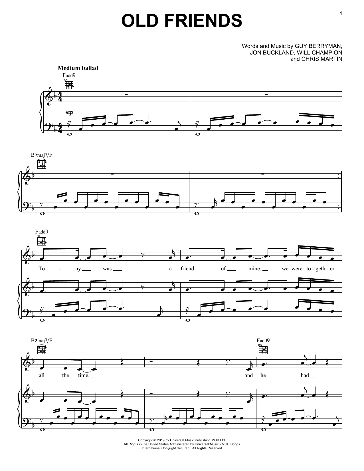 Download Coldplay Old Friends Sheet Music