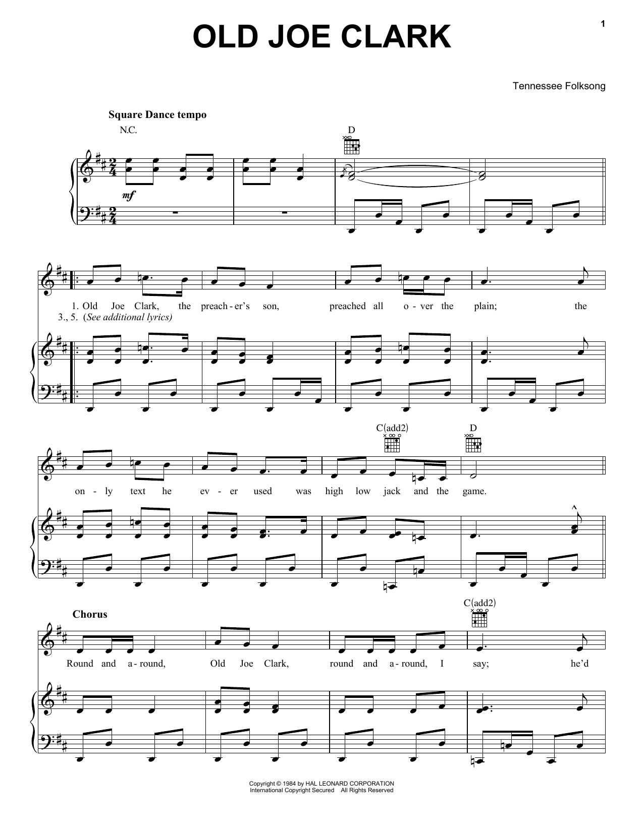 Download Tennessee Folksong Old Joe Clark Sheet Music