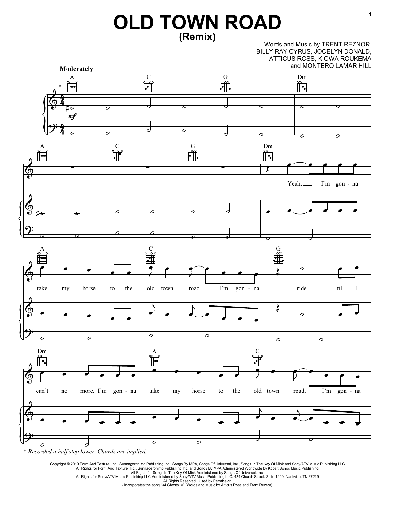 Lil Nas X feat. Billy Ray Cyrus Old Town Road (Remix) sheet music notes printable PDF score