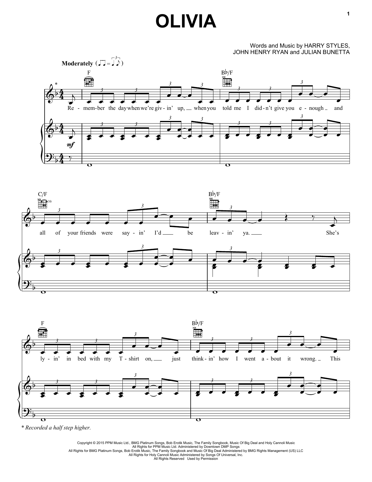 Download One Direction Olivia Sheet Music