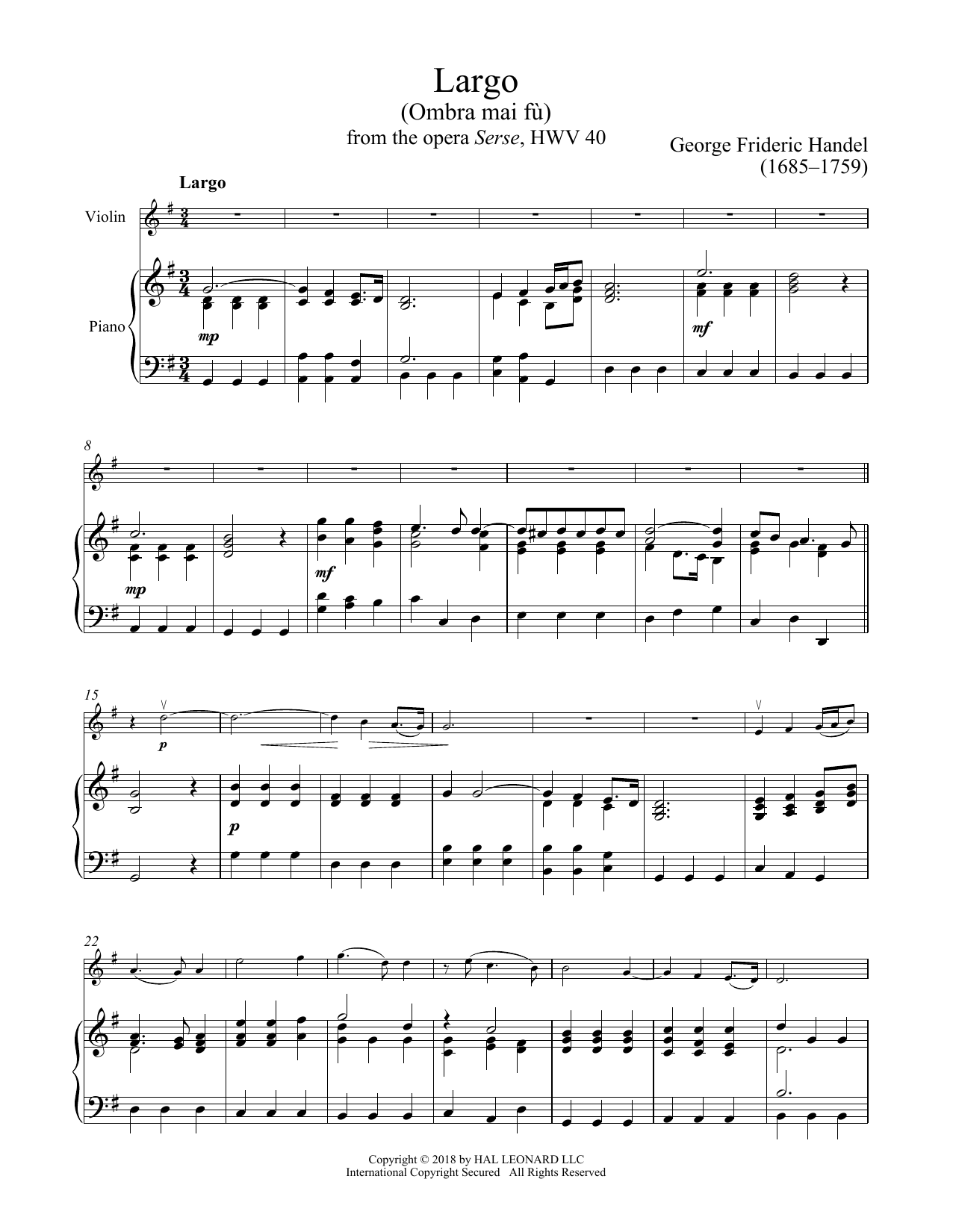 George Frideric Handel Ombra Mai Fu sheet music notes printable PDF score