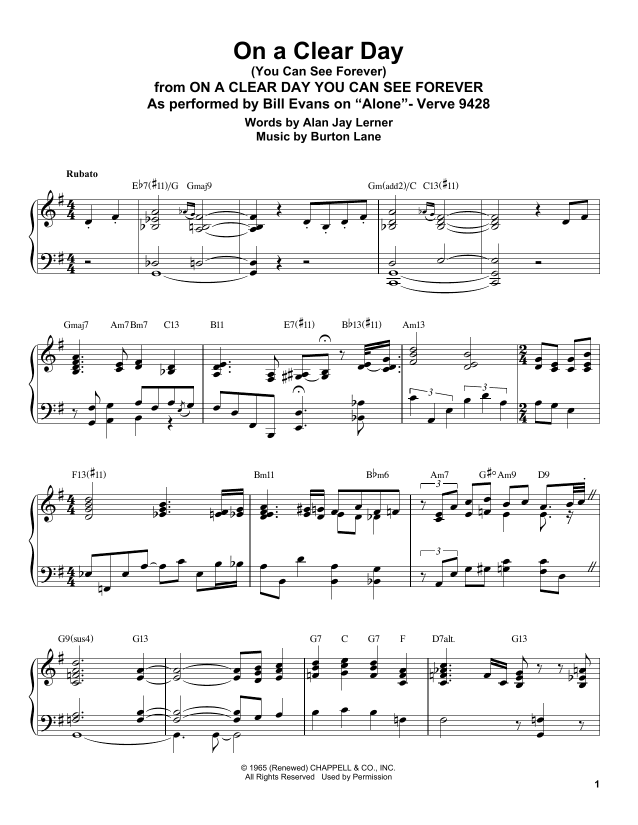 Download Bill Evans On A Clear Day (You Can See Forever) Sheet Music