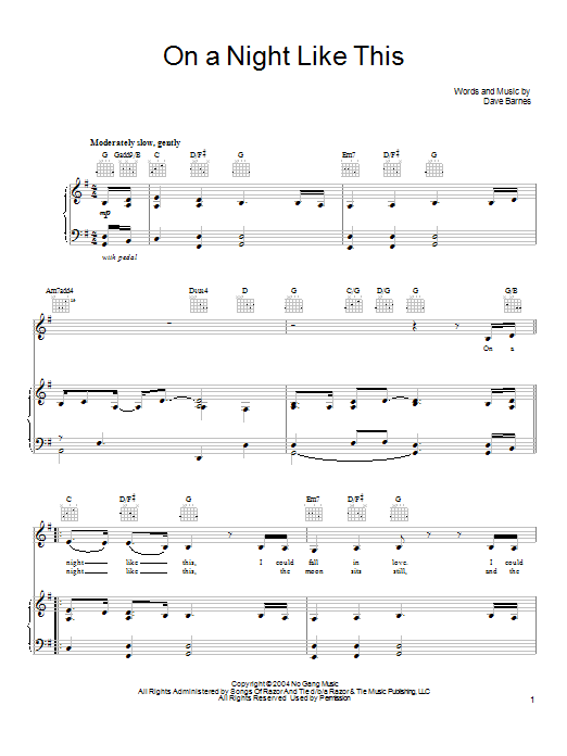 Download Dave Barnes On A Night Like This Sheet Music