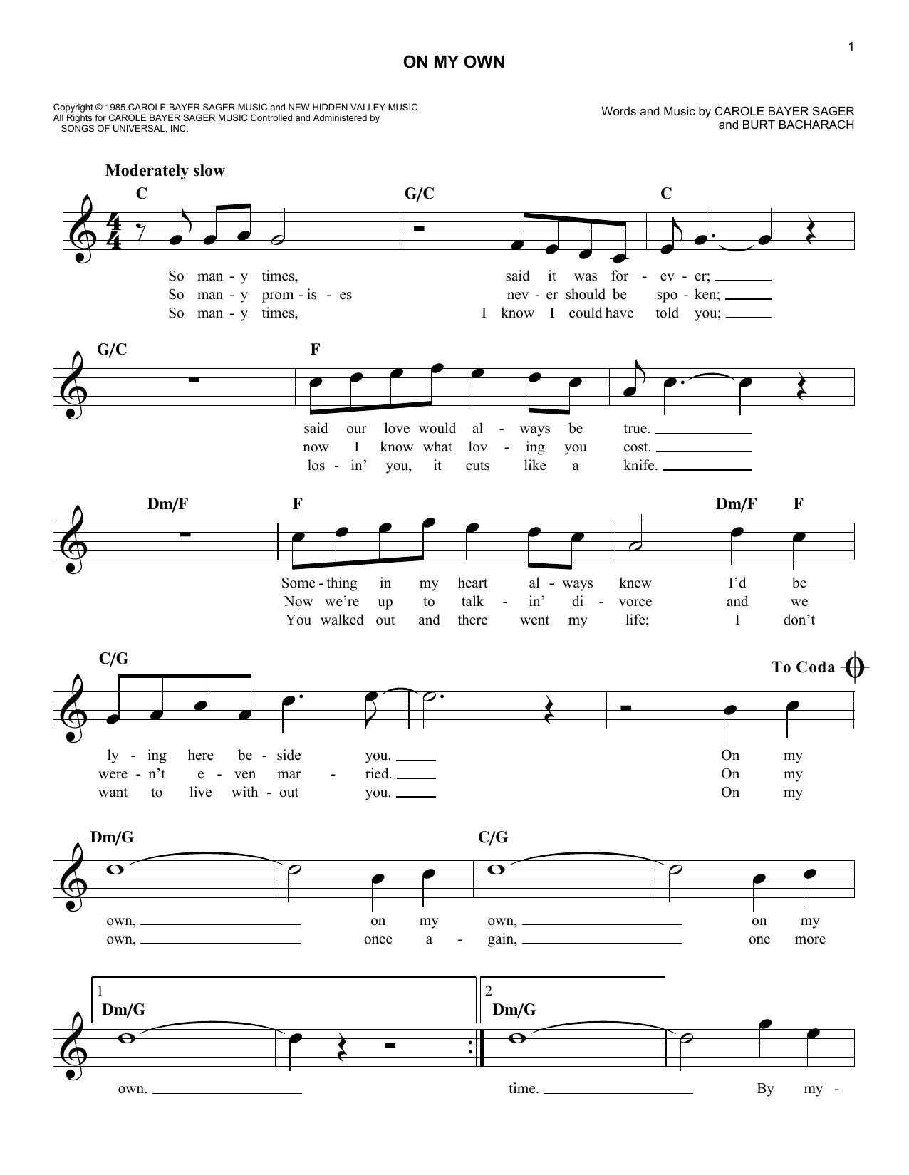 Download Reba McEntire On My Own Sheet Music