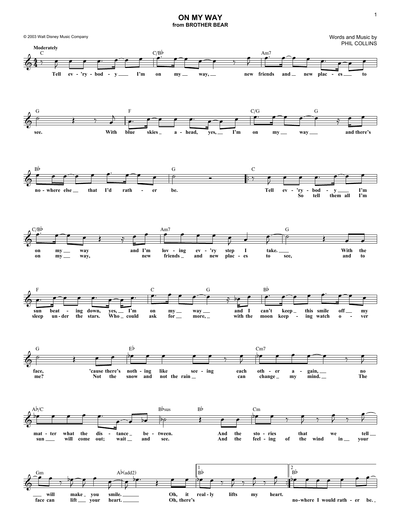 Download Phil Collins On My Way (from Brother Bear) Sheet Music
