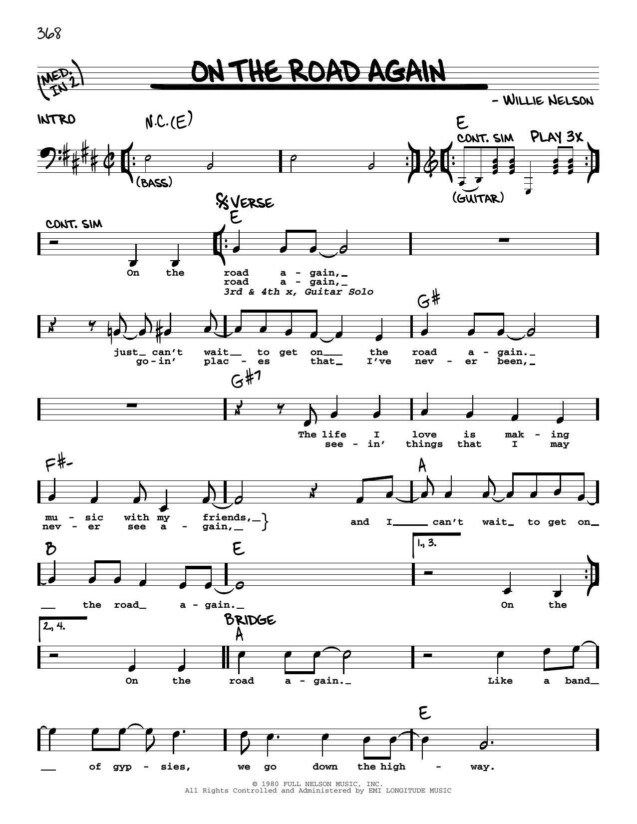 Download Willie Nelson On The Road Again Sheet Music