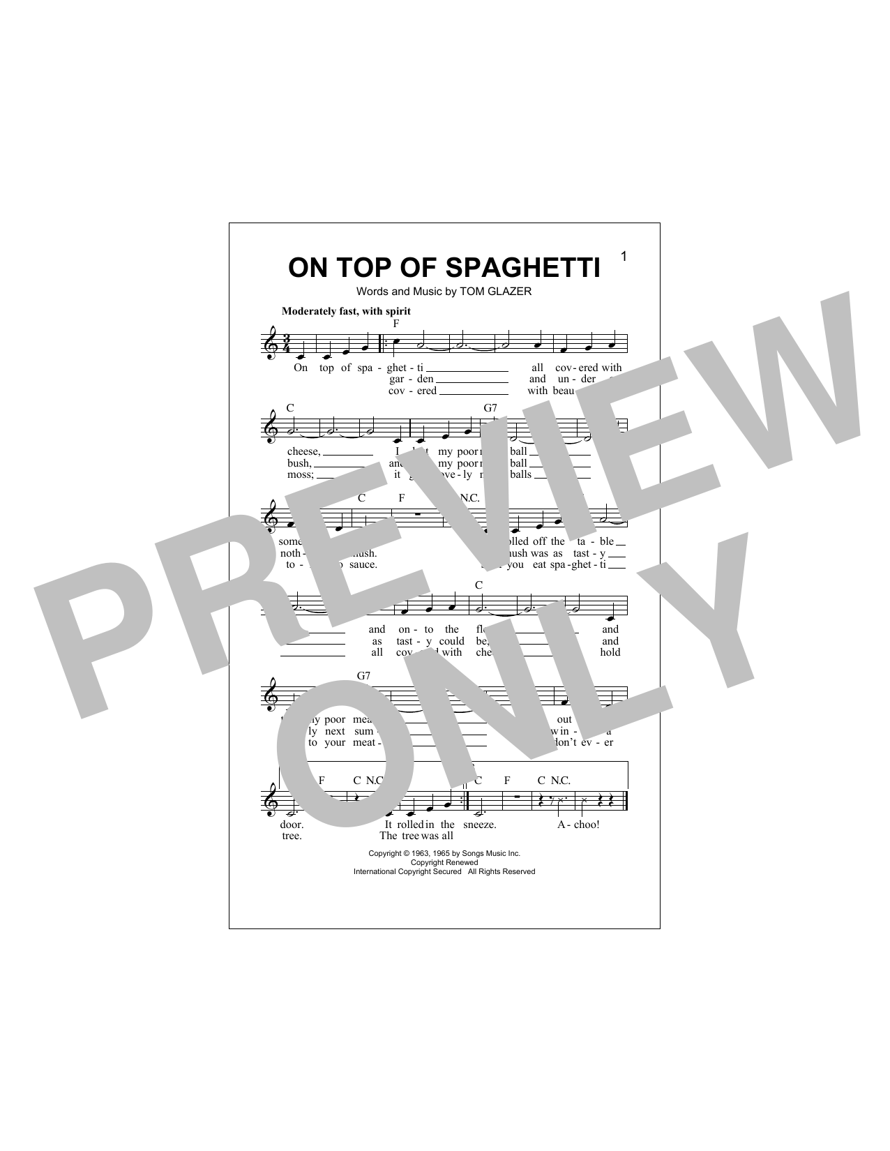Download Tom Glazer On Top Of Spaghetti Sheet Music
