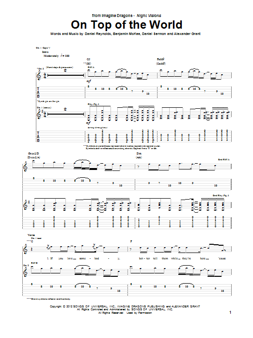 Download Imagine Dragons On Top Of The World Sheet Music