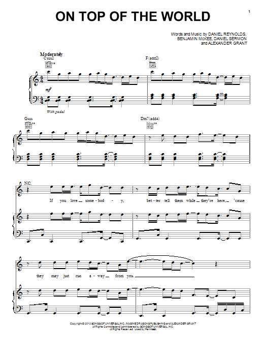 Download Imagine Dragons On Top Of The World Sheet Music