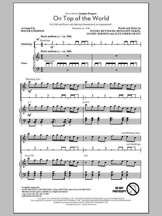 Download Imagine Dragons On Top Of The World (arr. Roger Emerson Sheet Music