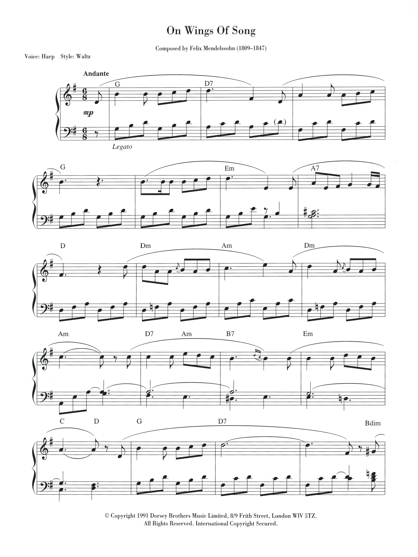 Download Felix Mendelssohn On Wings Of Song Sheet Music