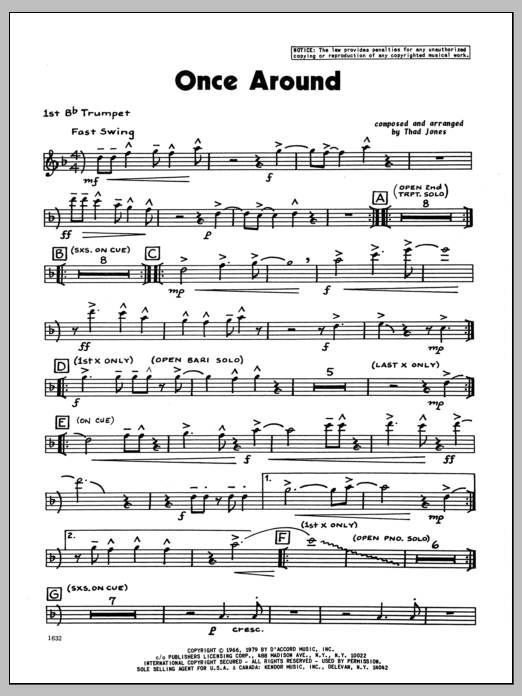 Download Thad Jones Once Around - 1st Bb Trumpet Sheet Music