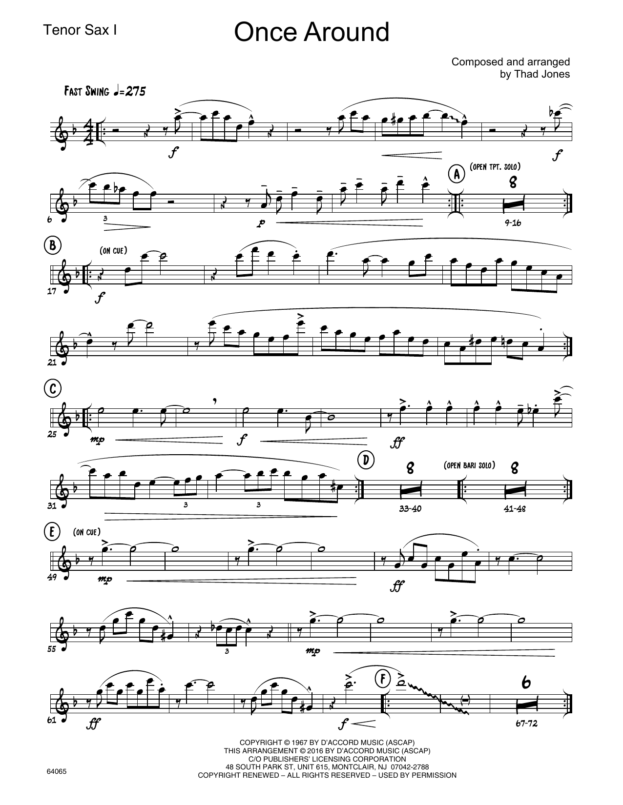 Download Thad Jones Once Around - 1st Tenor Saxophone Sheet Music