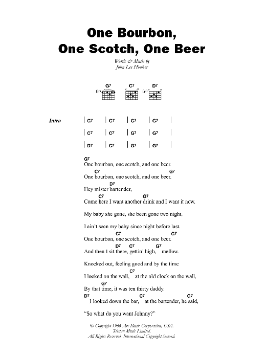 Download John Lee Hooker One Bourbon, One Scotch, One Beer Sheet Music