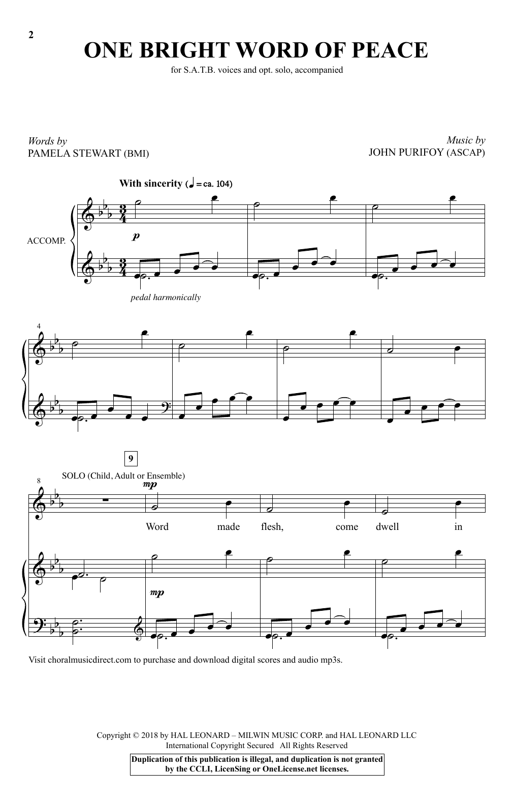 Download John Purifoy One Bright Word Of Peace Sheet Music