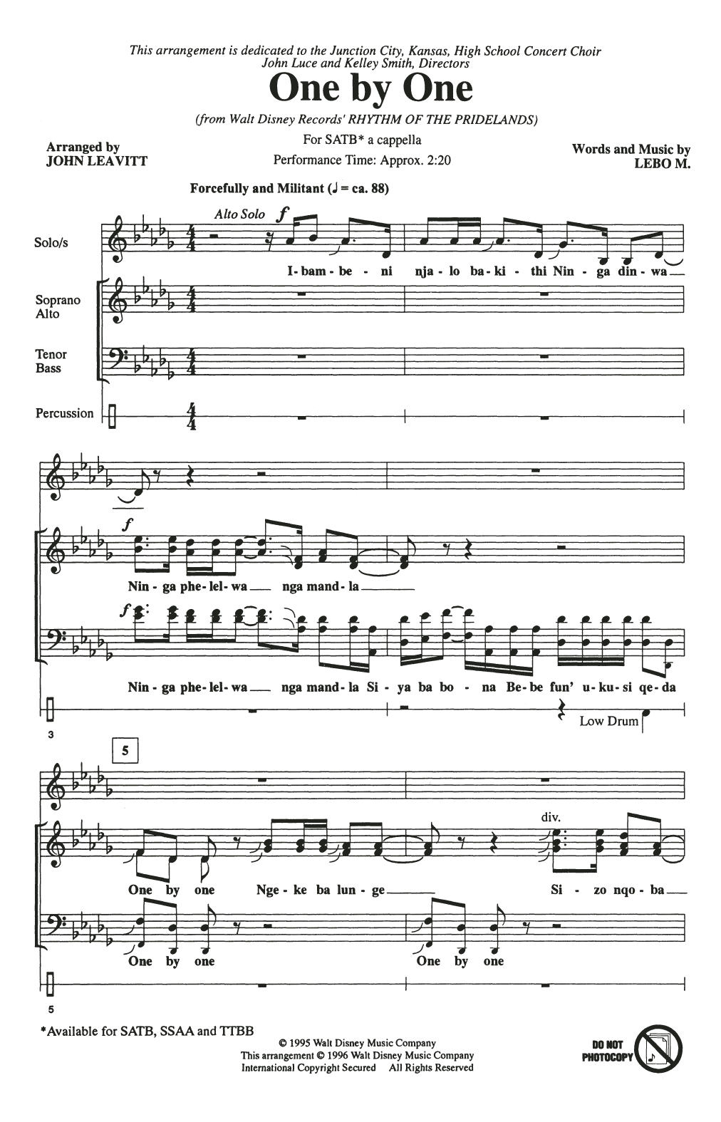 Download Lebo M. One By One (from Rhythm of the Pridelan Sheet Music