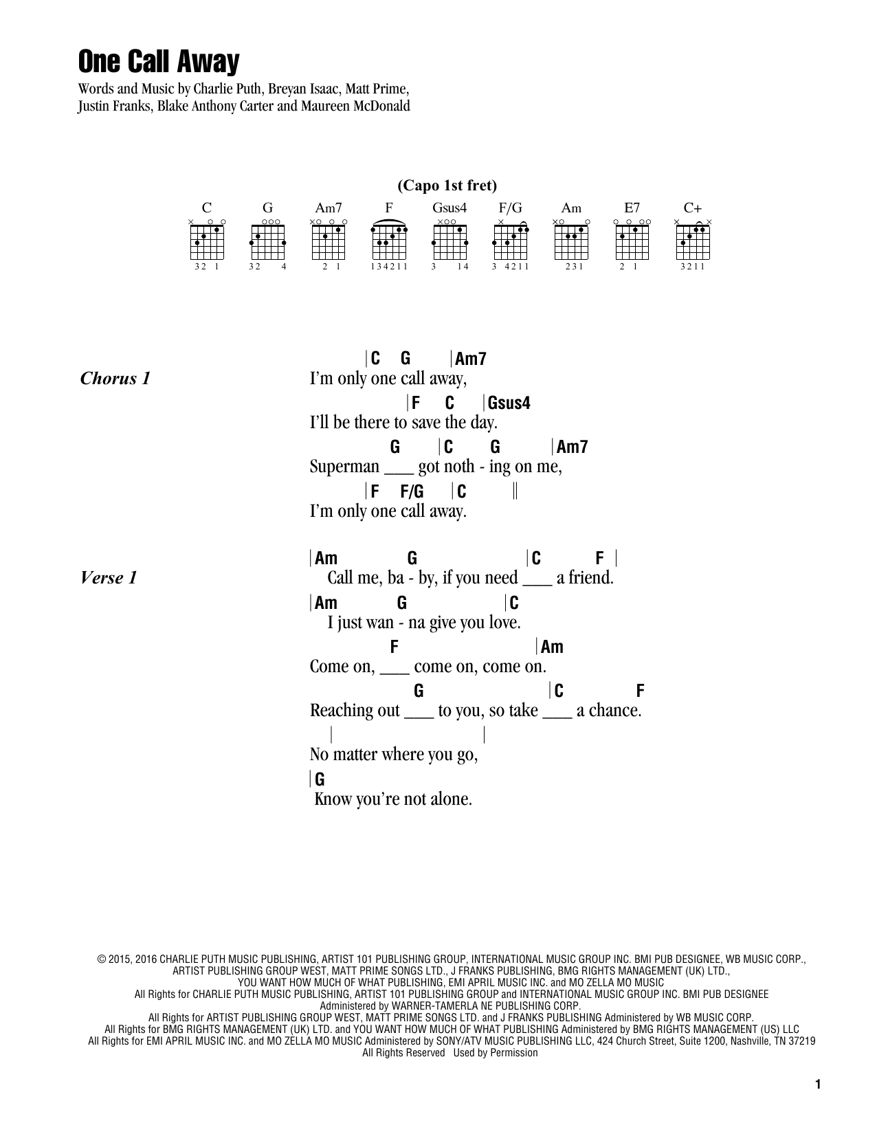 Download Charlie Puth One Call Away Sheet Music