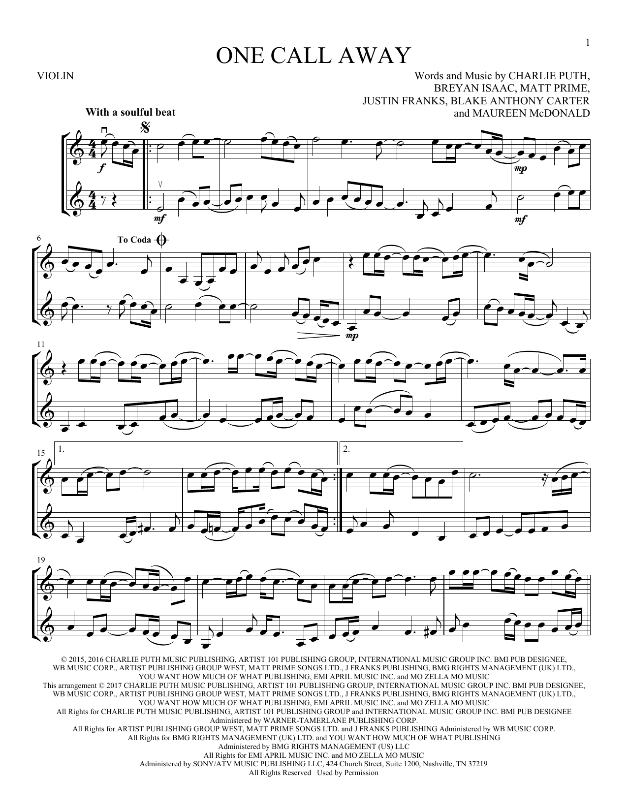 Download Charlie Puth One Call Away Sheet Music