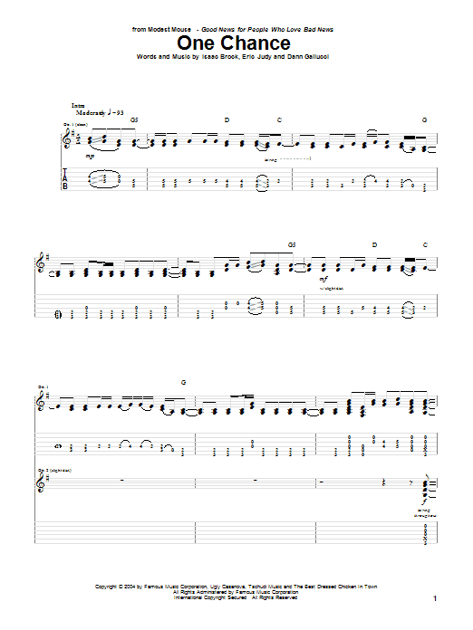 Download Modest Mouse One Chance Sheet Music
