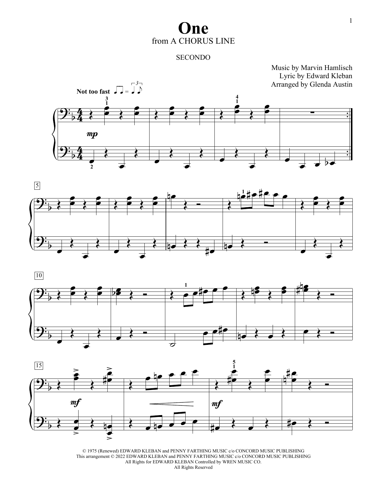 Download Marvin Hamlisch and Edward Kleban One (from A Chorus Line) (arr. Glenda A Sheet Music