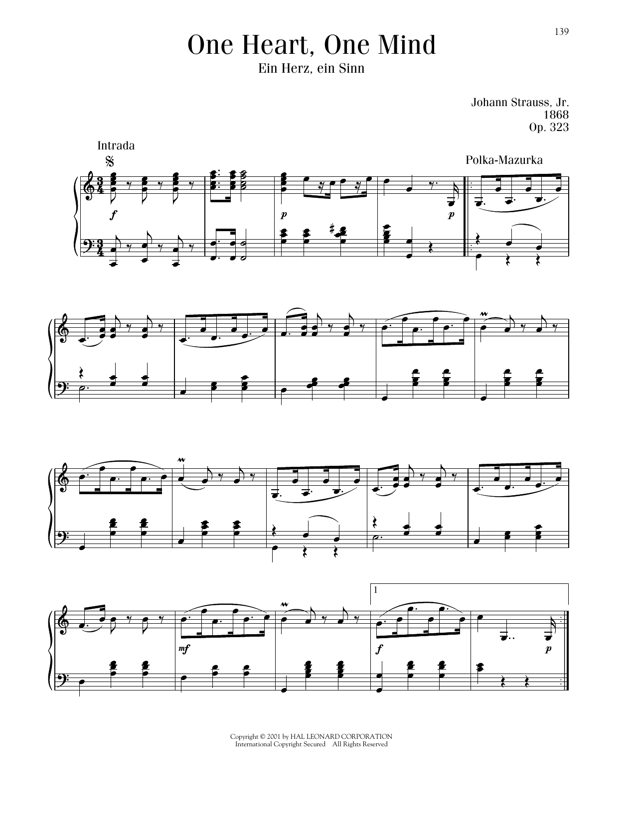 Johann Strauss One Heart, One Mind, Op. 323 sheet music notes printable PDF score