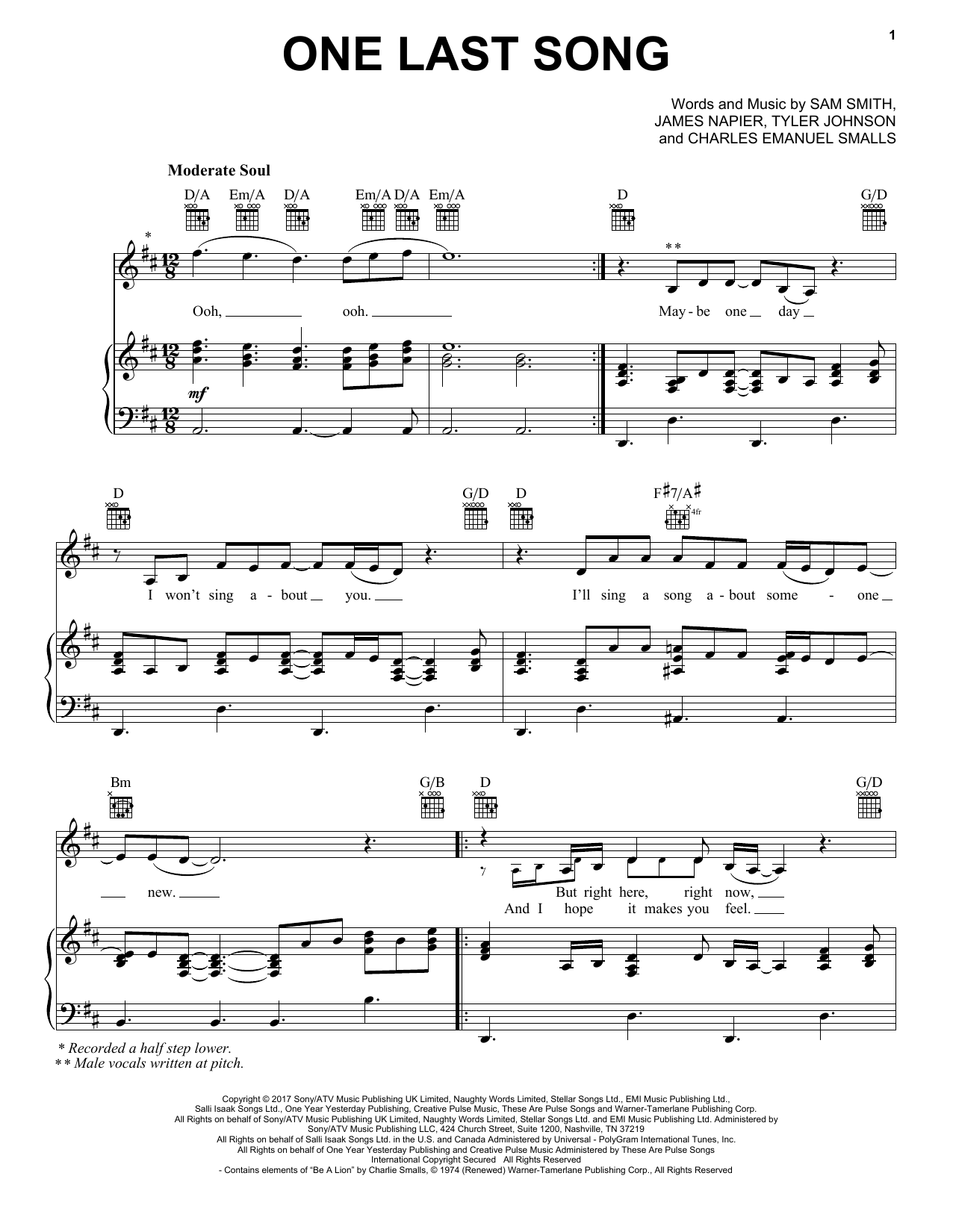 Download Sam Smith One Last Song Sheet Music