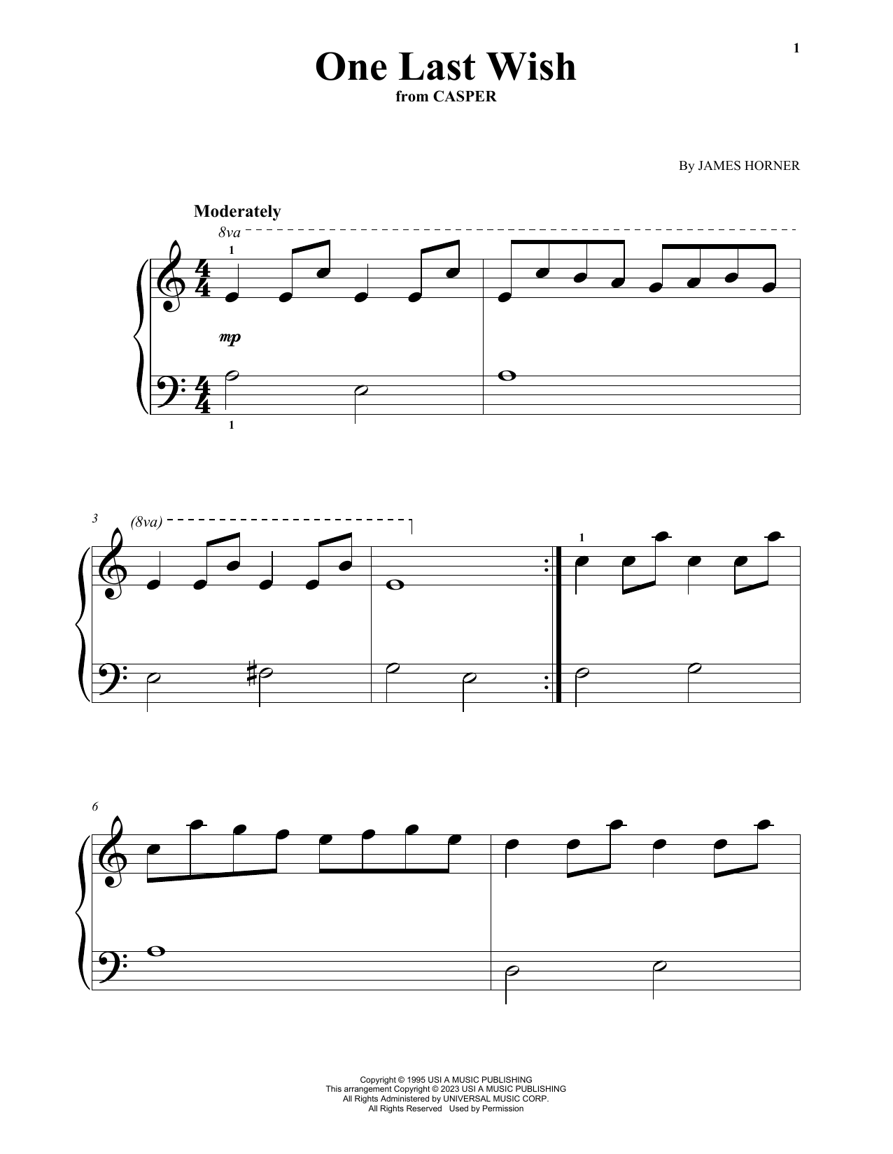Download James Horner One Last Wish (from Casper) Sheet Music