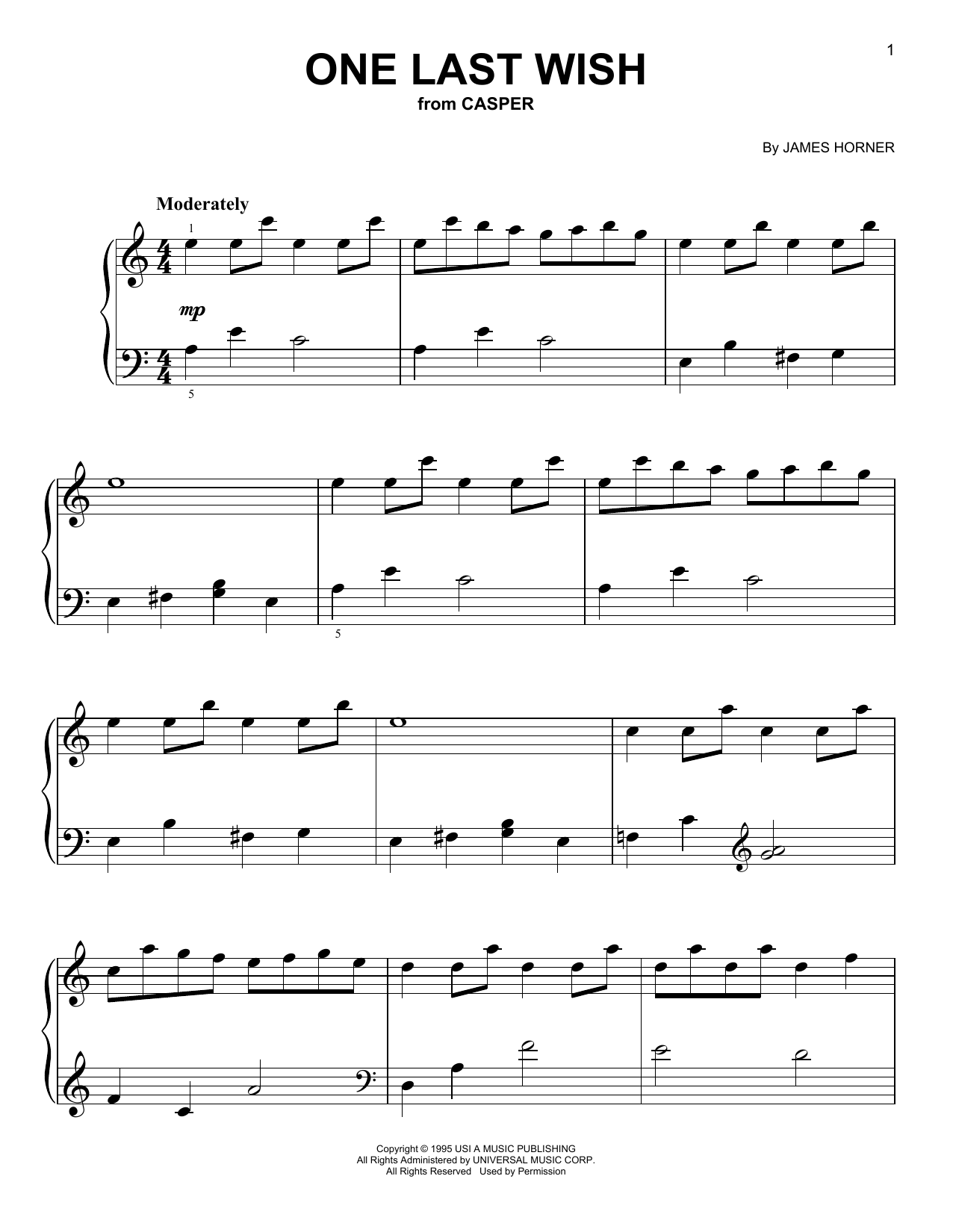 Download James Horner One Last Wish (from Casper) Sheet Music