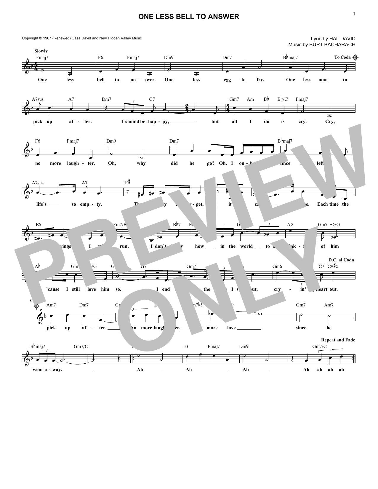Download Bacharach & David One Less Bell To Answer Sheet Music
