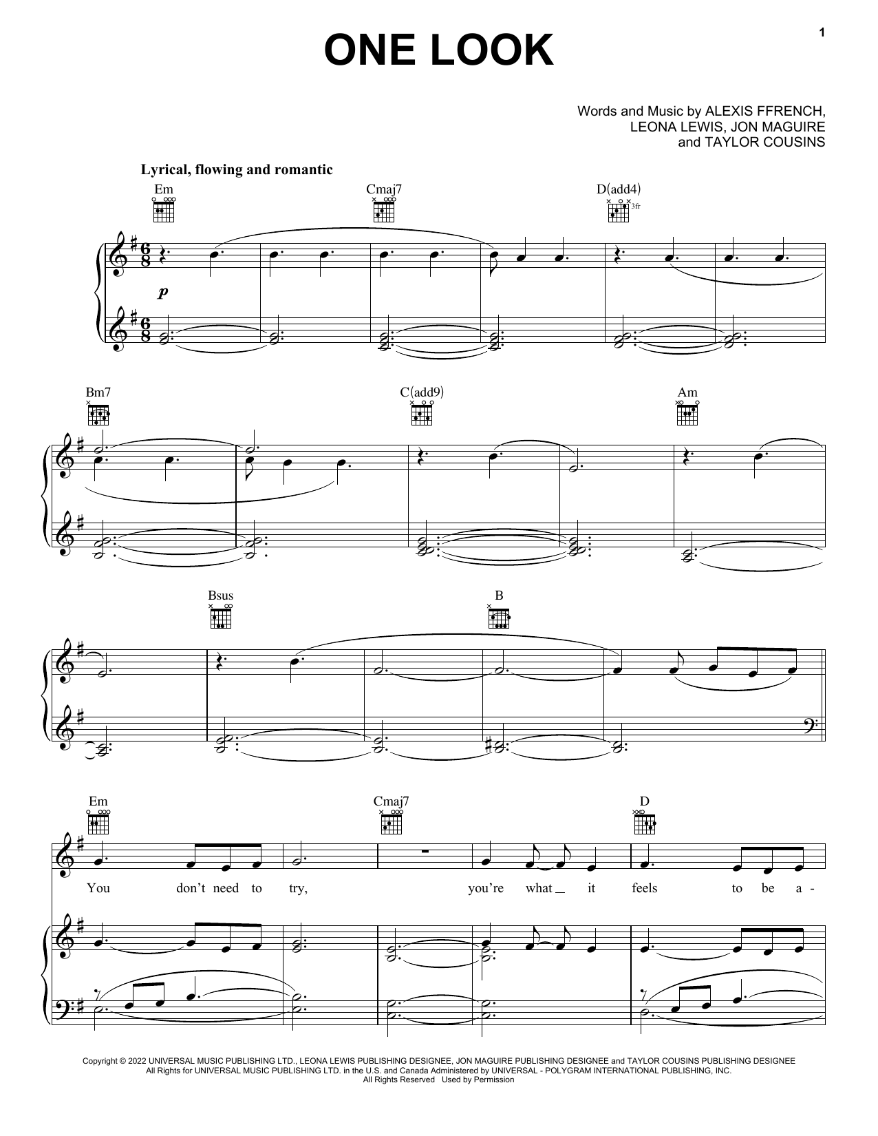 Download Alexis Ffrench One Look (feat. Leona Lewis) Sheet Music