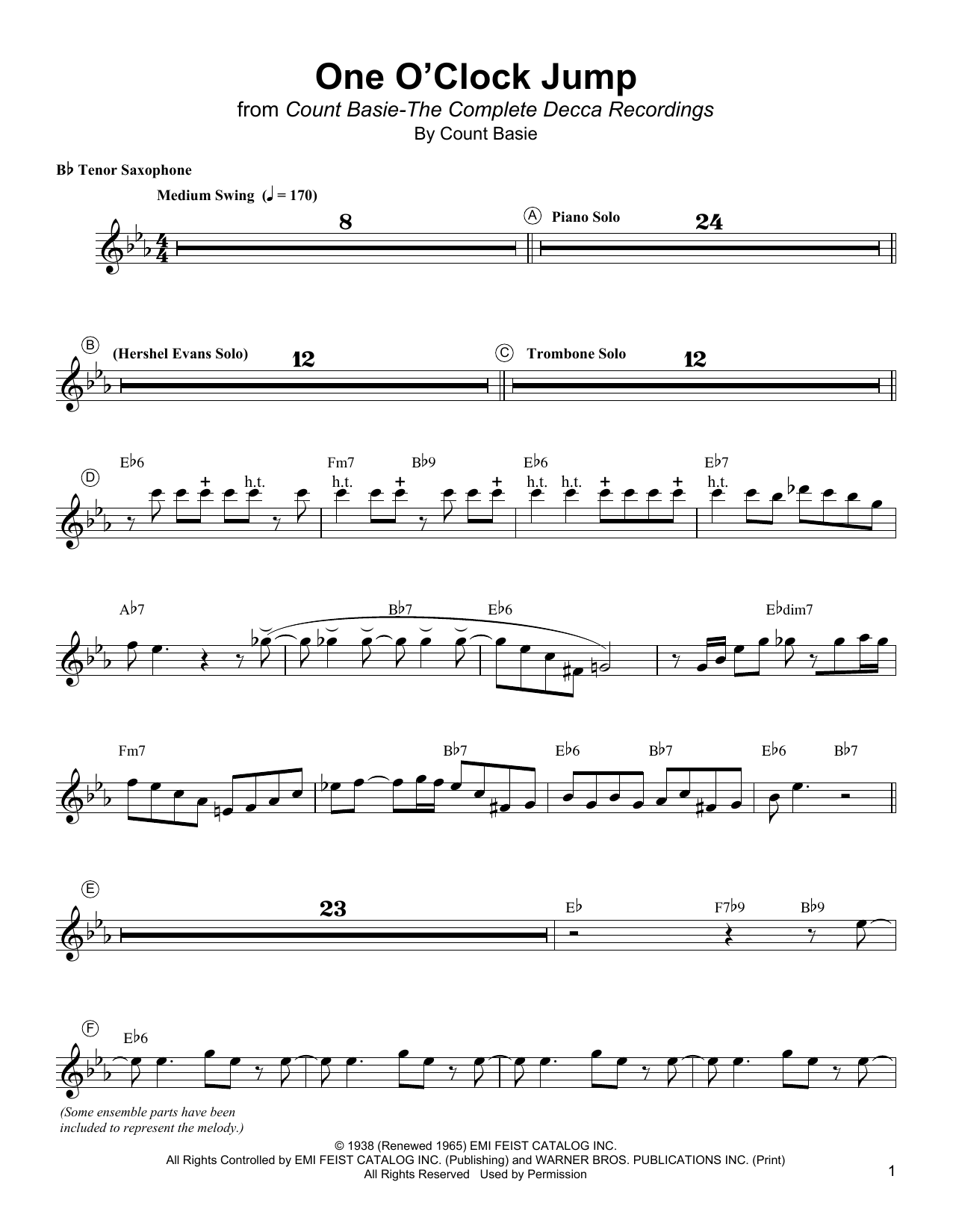 Download Lester Young One O'Clock Jump Sheet Music