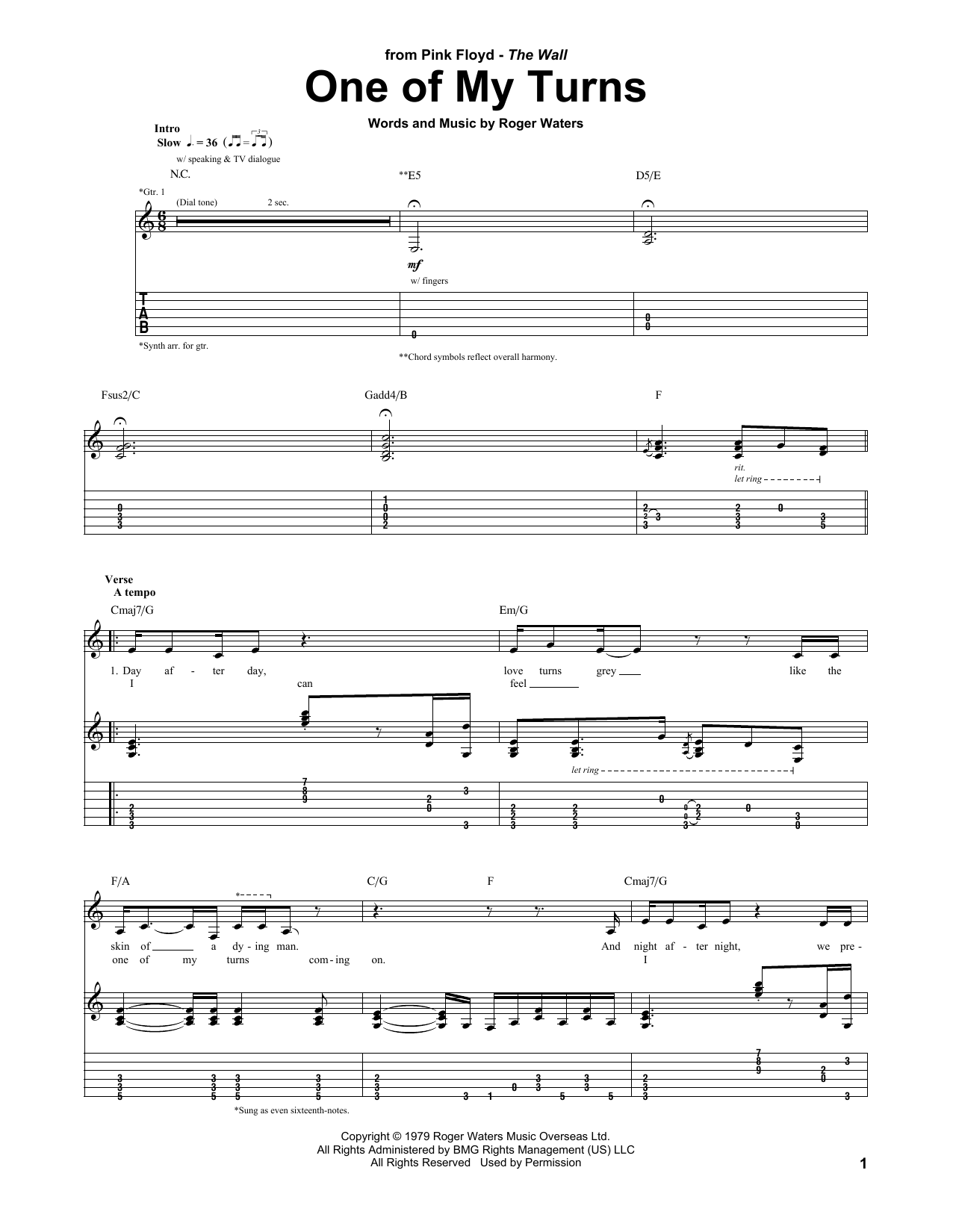 Download Pink Floyd One Of My Turns Sheet Music
