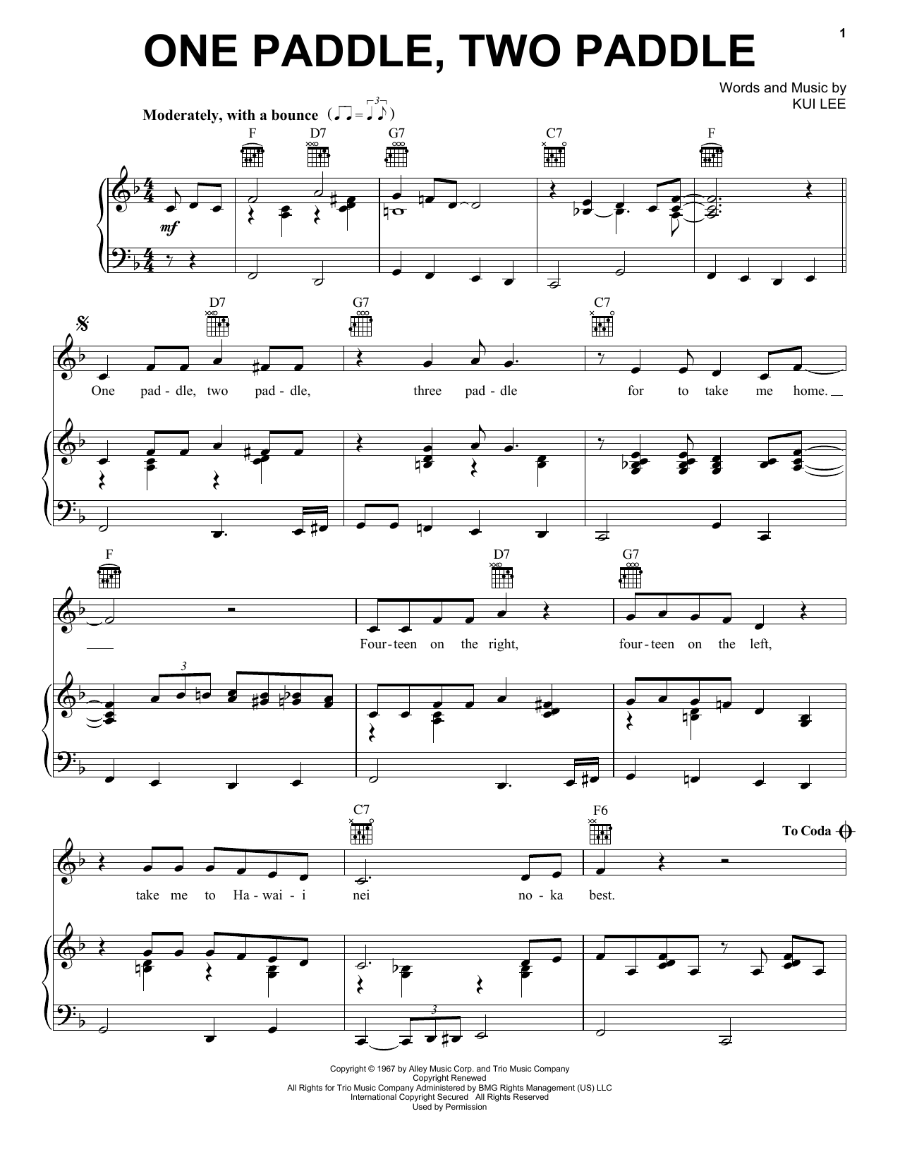 Download Don Ho One Paddle, Two Paddle Sheet Music