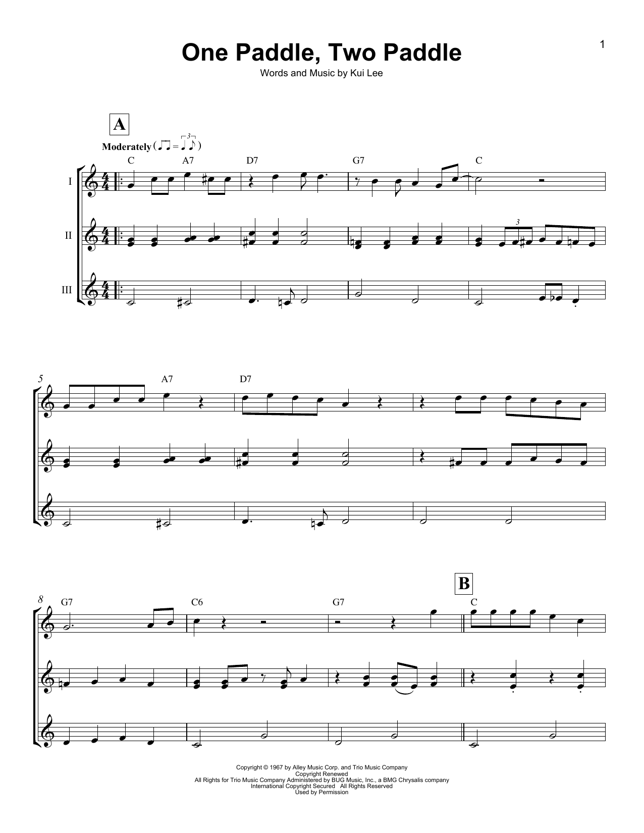 Download Kui Lee One Paddle, Two Paddle Sheet Music