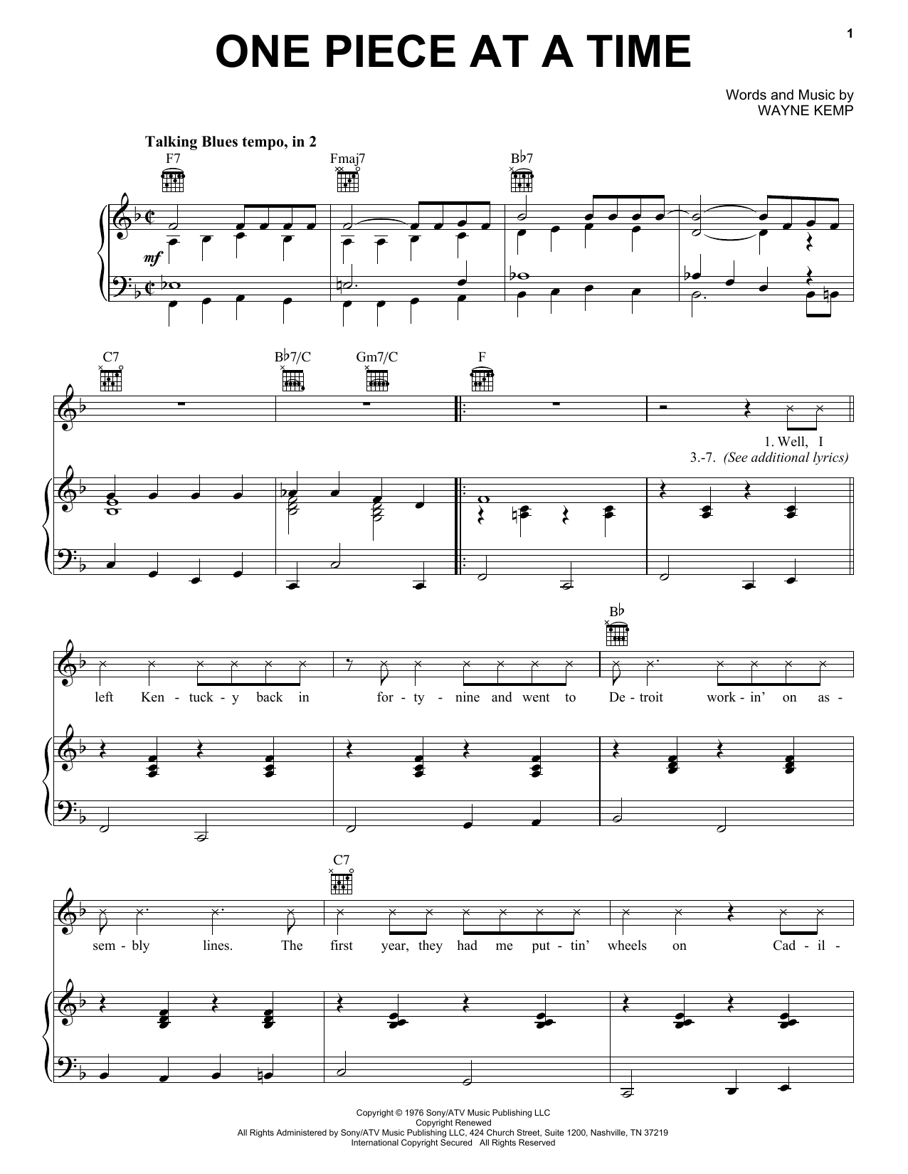 Download Johnny Cash One Piece At A Time Sheet Music