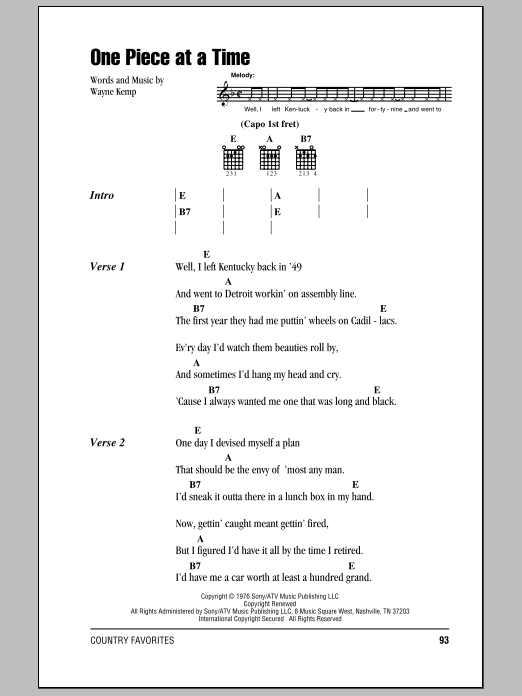 Download Johnny Cash One Piece At A Time Sheet Music