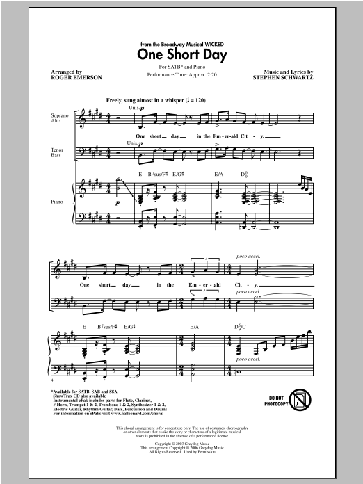 Download Roger Emerson One Short Day (from Wicked) Sheet Music