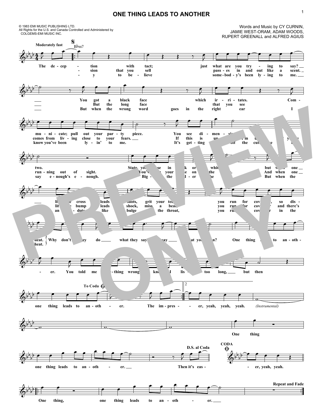 Download The Fixx One Thing Leads To Another Sheet Music