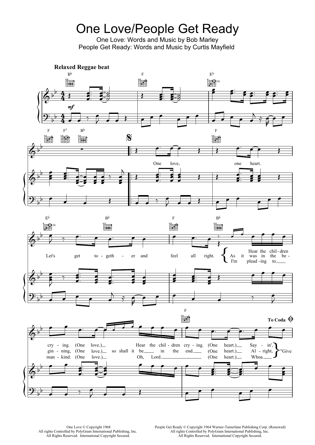 Download Bob Marley One Love/People Get Ready Sheet Music