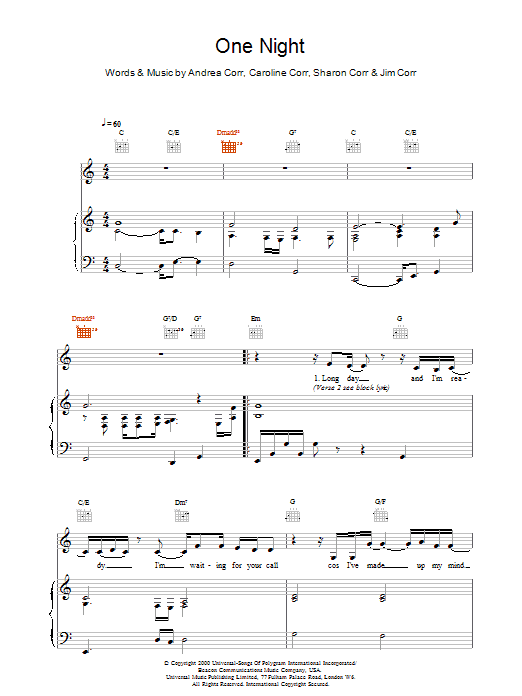 The Corrs One Night sheet music notes printable PDF score